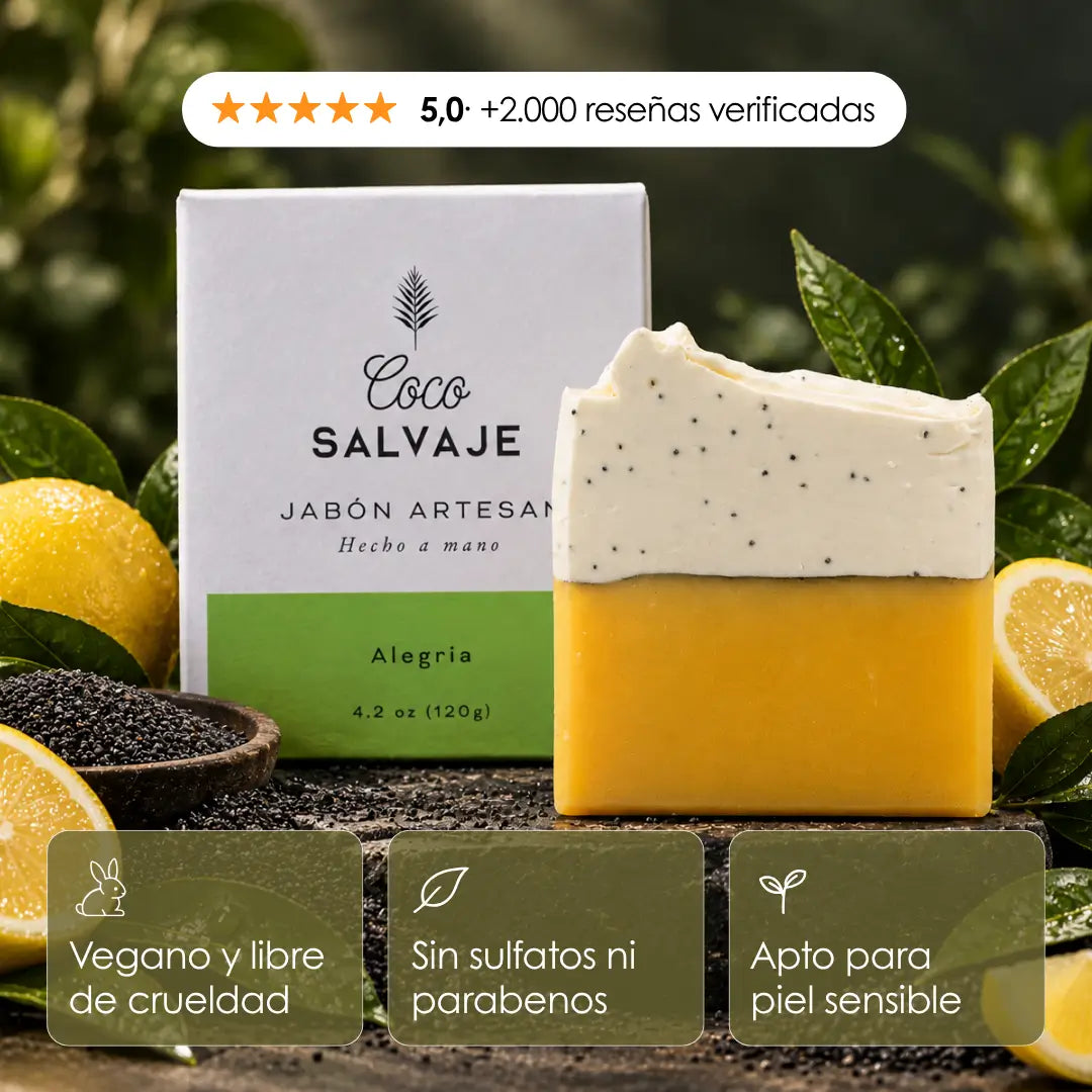 ALEGRÍA, jabón corporal sólido artesanal de limón y semillas de amapola con exfoliante natural