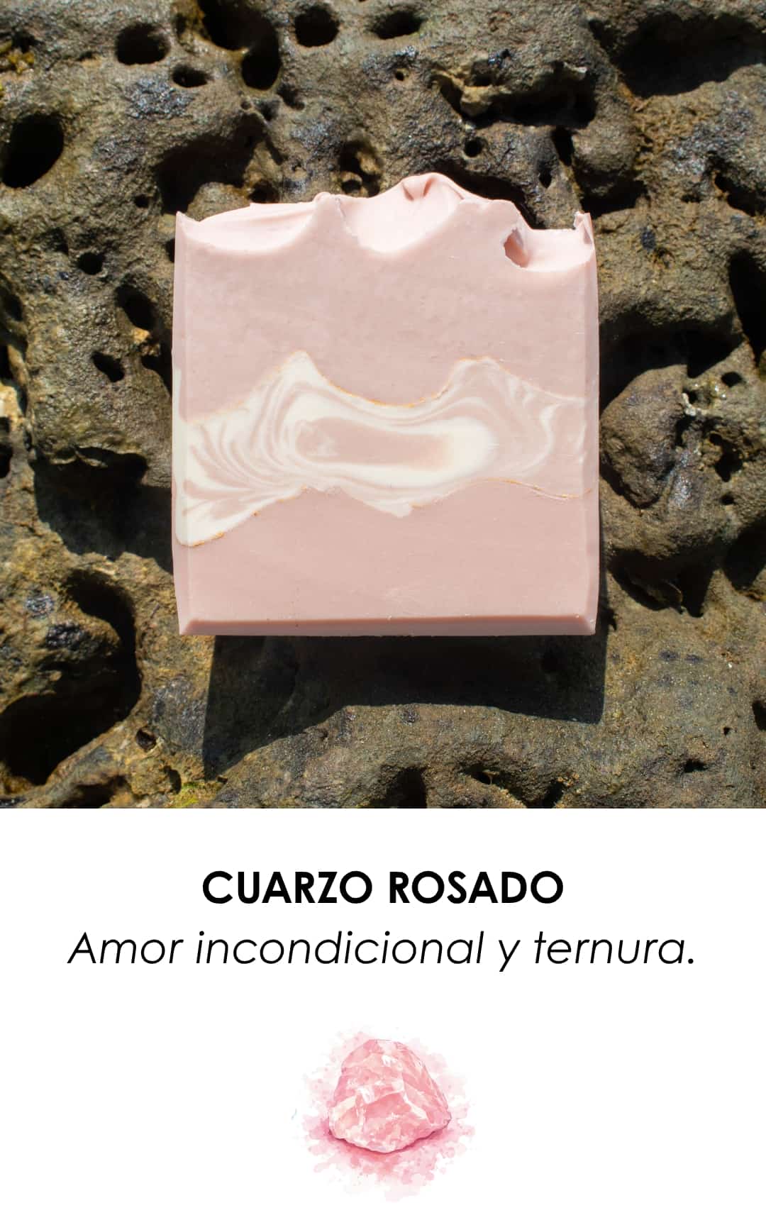 Jabón artesanal Cuarzo Rosado de COCO SALVAJE edición especial Día de las Madres, inspirado en piedras naturales y diseñado como un regalo elegante y especial.