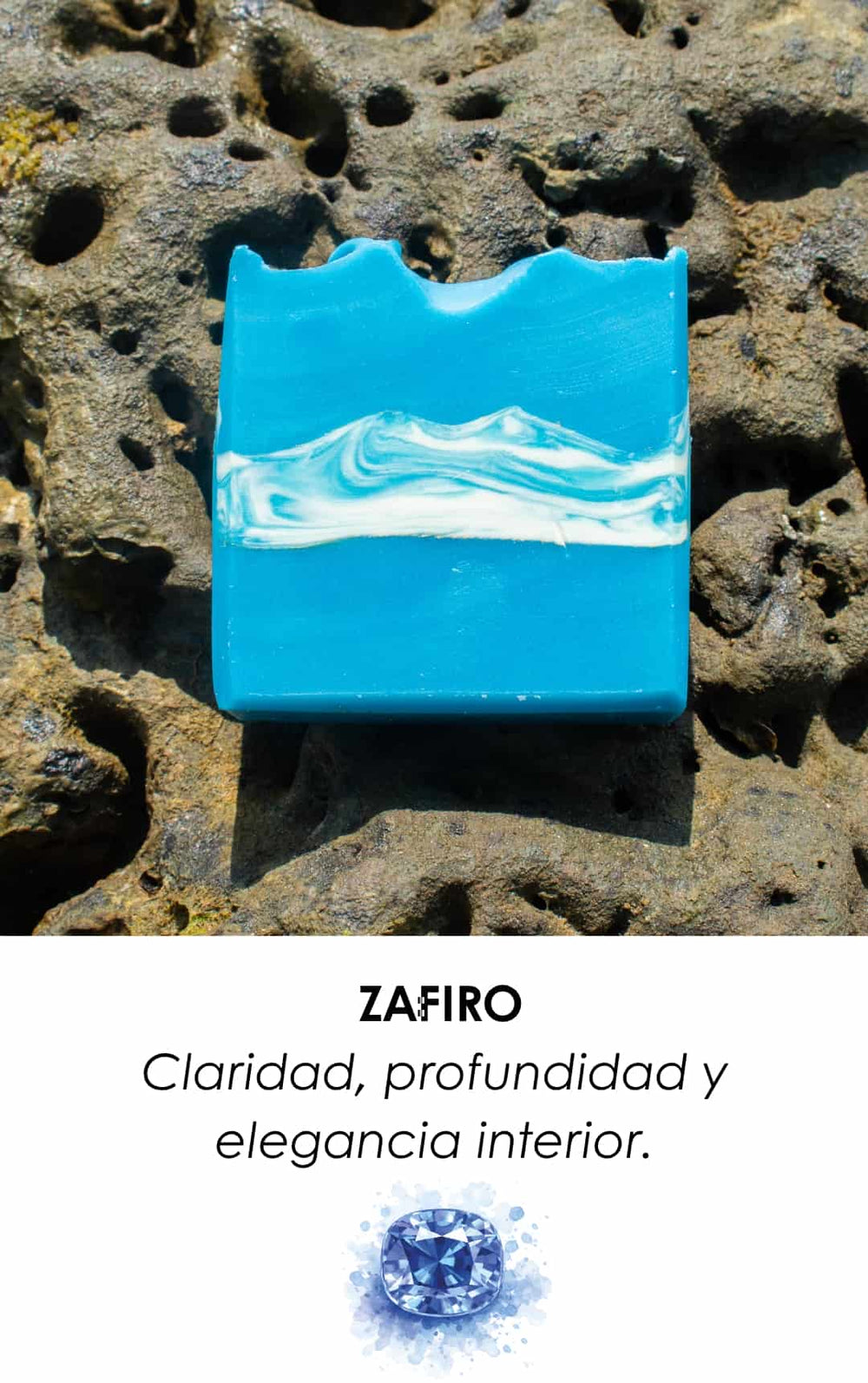 Jabón artesanal Zafiro edición Día de las Madres de COCO SALVAJE, inspirado en piedras preciosas, elaborado con ingredientes naturales y diseño especial para regalo.