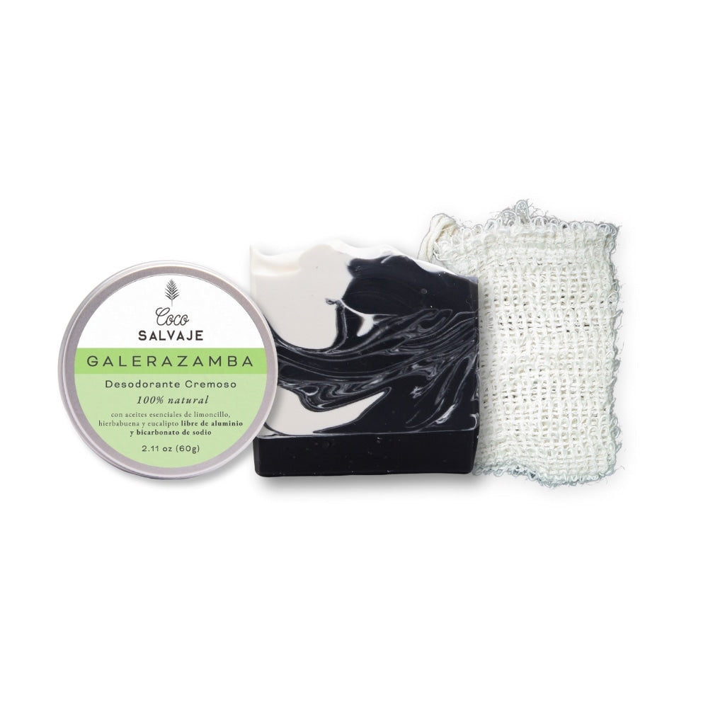 Kit Empieza lo Bueno: desodorante natural, jabón artesanal y bolsita exfoliante de sisal de Coco Salvaje.