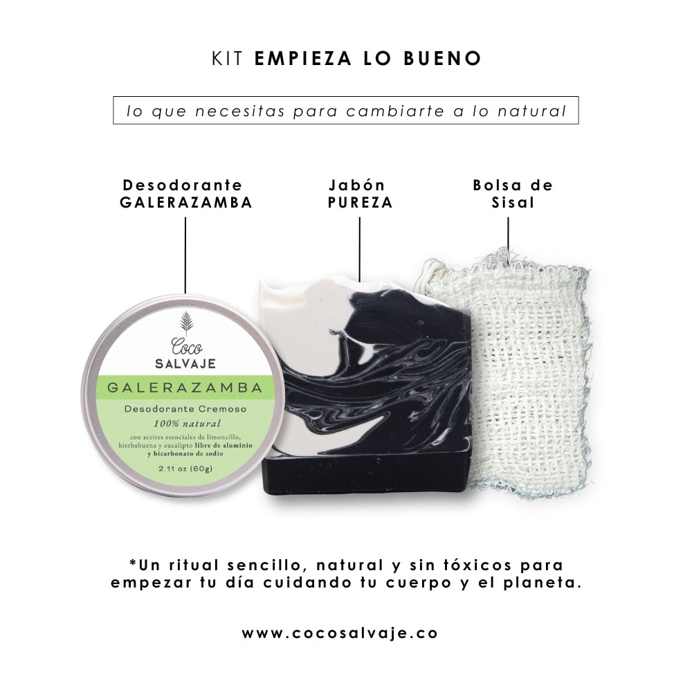 Kit Empieza lo Bueno: desodorante natural, jabón artesanal y bolsita exfoliante de sisal de Coco Salvaje.