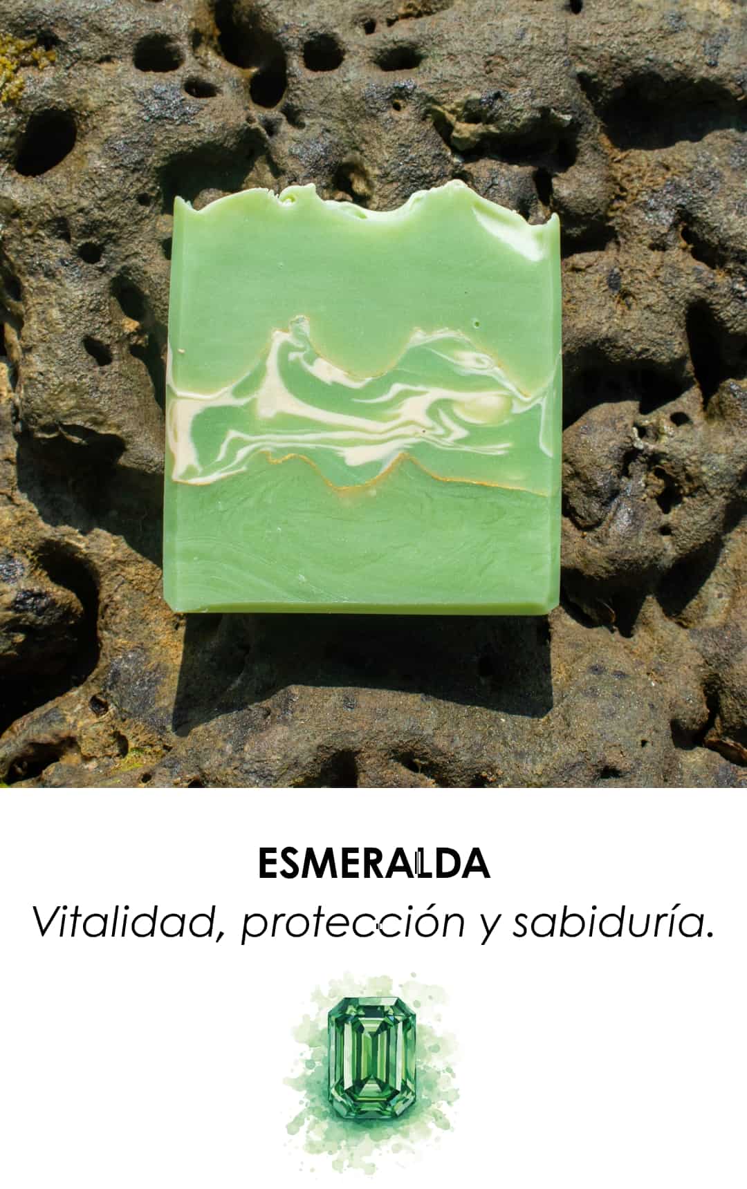 Jabón artesanal Esmeralda de COCOSALVAJE edición especial Día de las Madres, con diseño inspirado en esmeraldas y elaborado para un regalo único y natural.