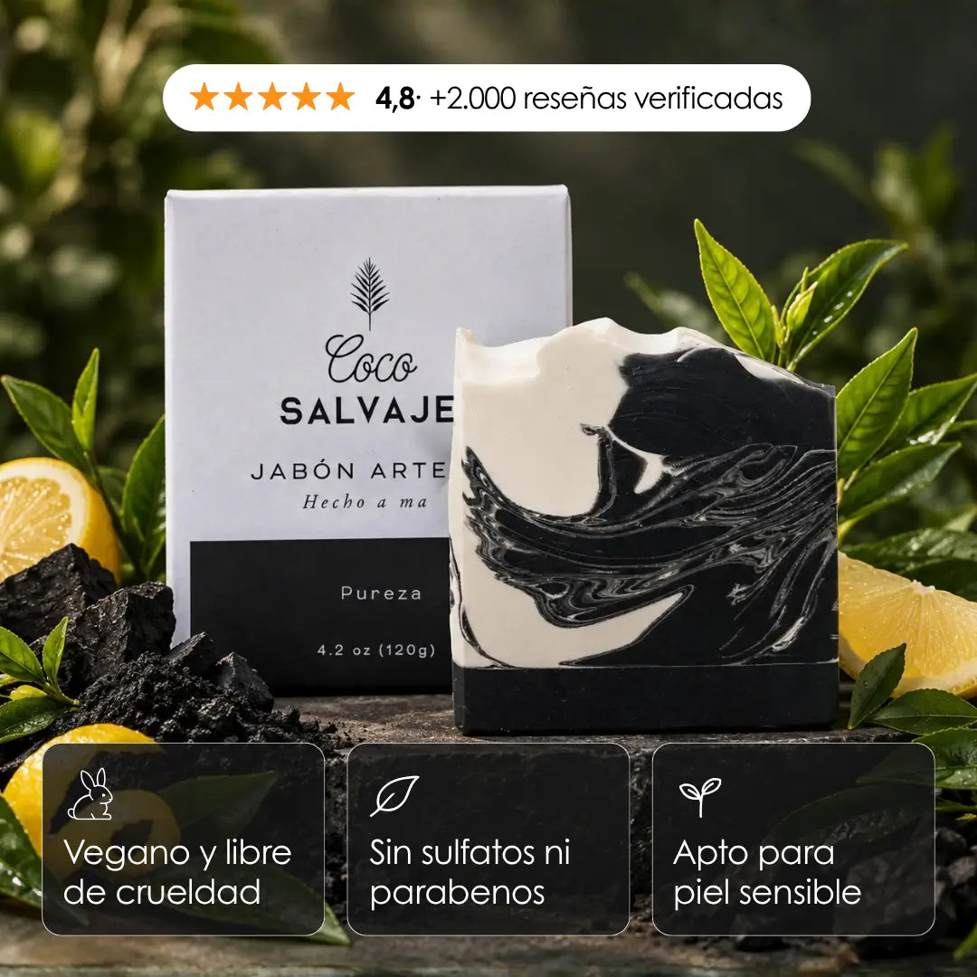 PUREZA, jabon de carbon activado artesanal con arbol de te y limon para piel grasa o mixta