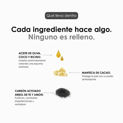 PUREZA, jabon de carbon activado artesanal con arbol de te y limon para piel grasa o mixta