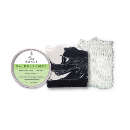 Kit Empieza lo Bueno: desodorante natural, jabón artesanal y bolsita exfoliante de sisal de Coco Salvaje.