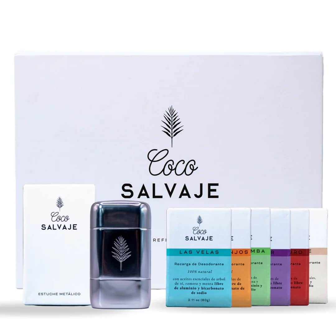 Incluye los 6 desodorantes en barra y un estuche metálico. Protección natural con estilo, en un solo pack Coco Salvaje.